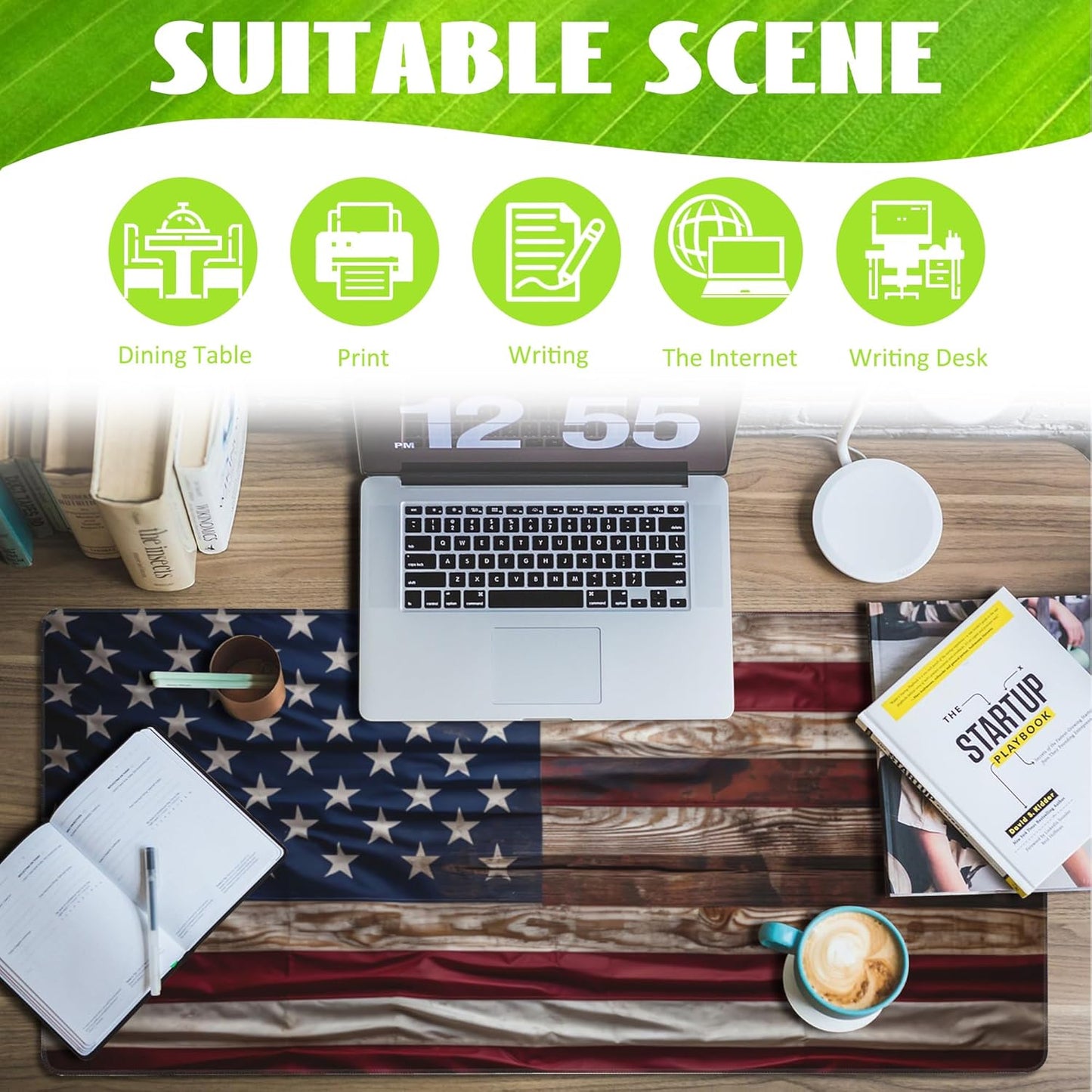 Large Gaming Mouse Pad for Desk,Wooden American Flag Desk Mat,Wooden USA Flag Desk Pad,Extended Big Computer Keyboard Mouse Pad with Non-Slip Base and Stitched Edge,35.4"x15.7"