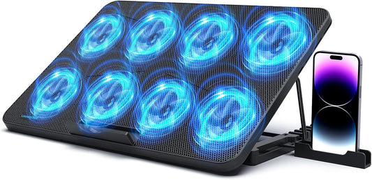 LIANGSTAR Laptop Cooling Pad, Laptop Cooler with 8 Quiet Fans for 12-17 Inch Gaming Laptop Fan Cooling Pad Stable Stand 7 Height & Wind Speed Adjustable, 2 USB Port & Phone Holder