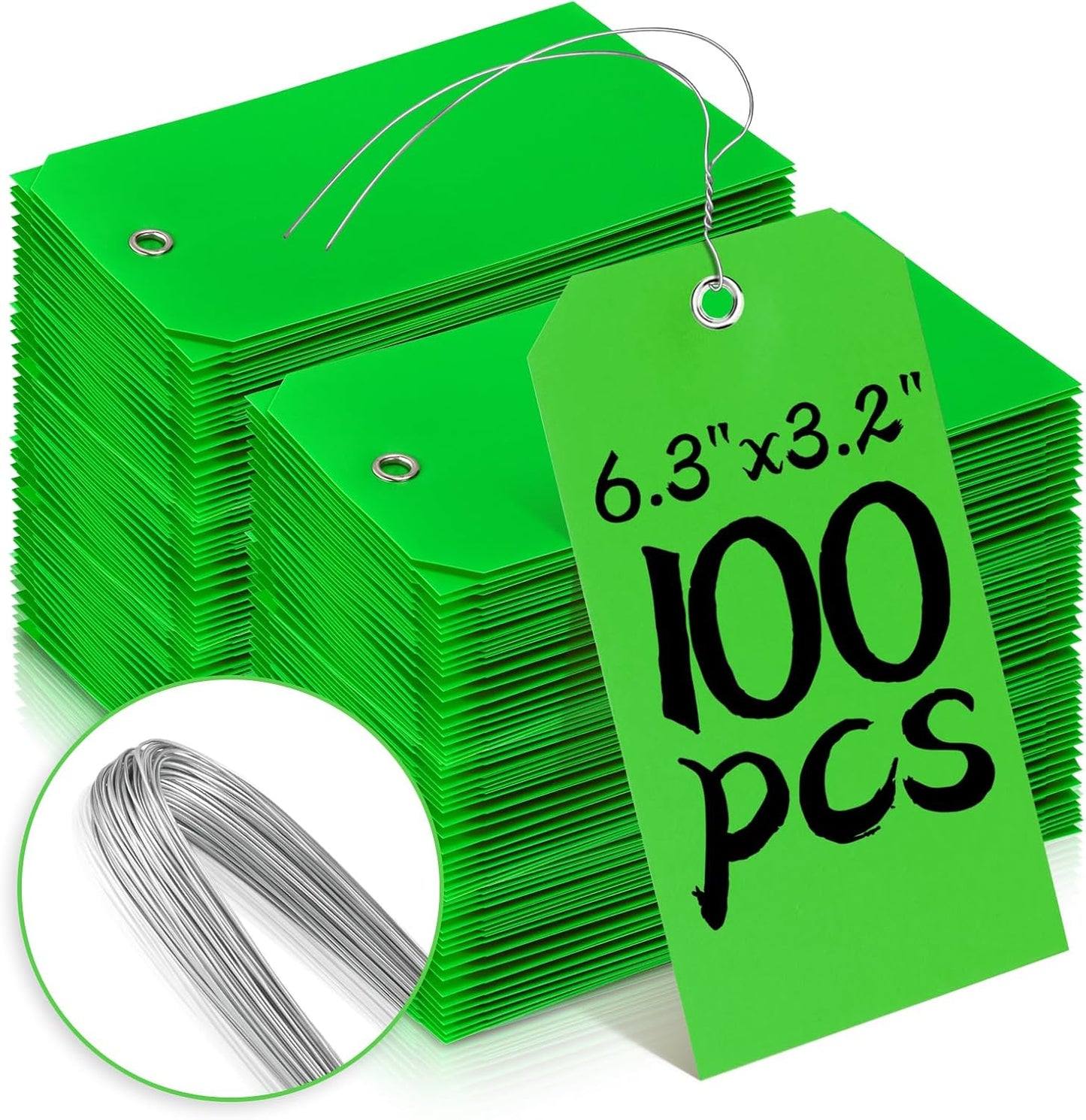 100 Pcs Tags with Wire Shipping Tags with String Write On Stacking Service for Equipment Inventory Storage Parts Valve Car (Green, 6 1/4" x 3 1/8")