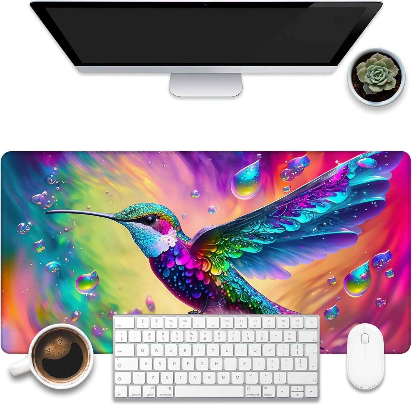 Large Gaming Mouse Pad for Desk, Colorful Hummingbird Desk Mat, Bright Hummingbird Desk Pad, 31.5"x15.7" Extended Big Computer Keyboard Mouse Pad with Non-Slip Base and Stitched Edge