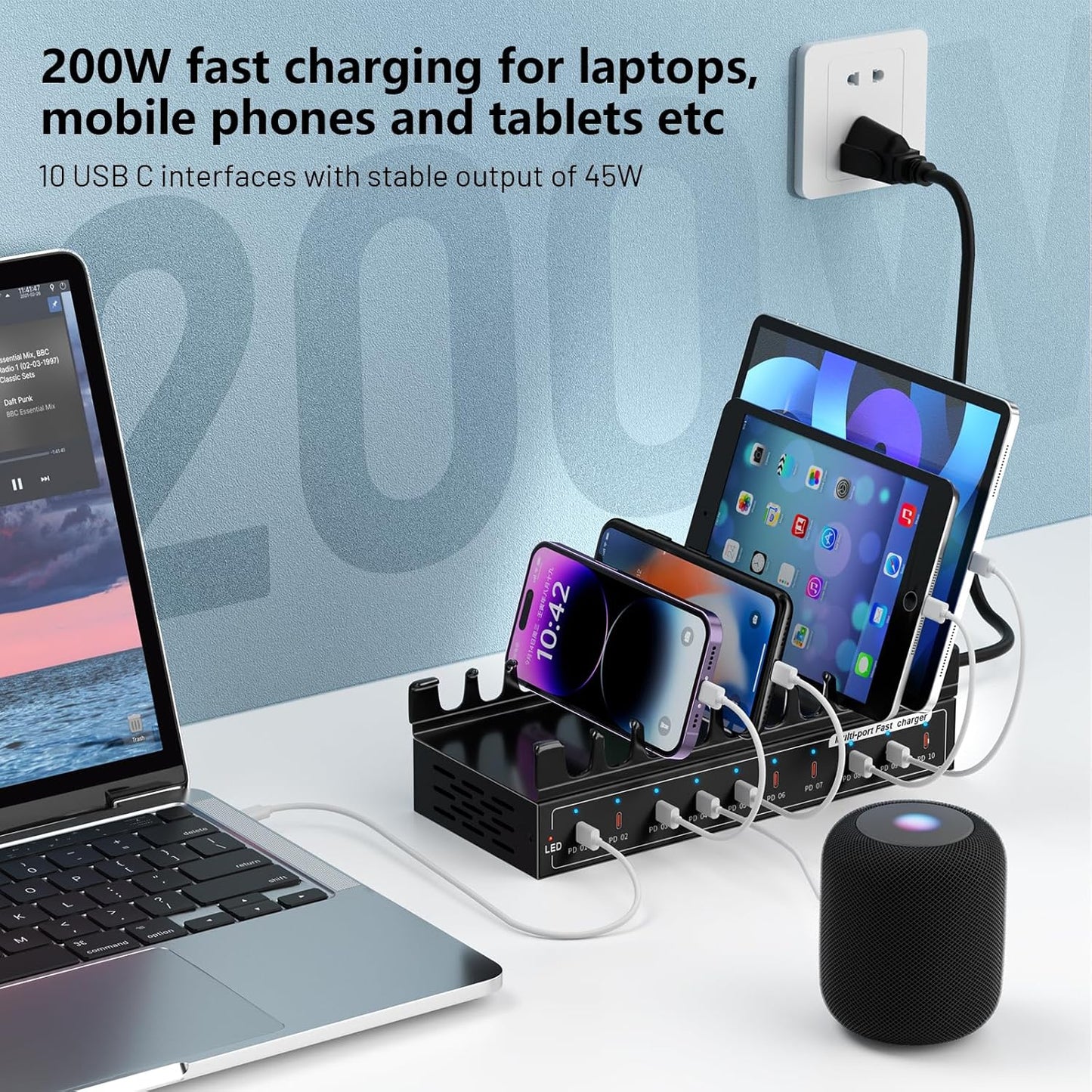Lcoco&Dream 200W Fast Charging Station, 10 Port USB C Desktop Charger (10USB C PD3.0) - 45W Max for Laptop, MacBook, Phone, Tablet - Compact Multi Port Travel Charging Station