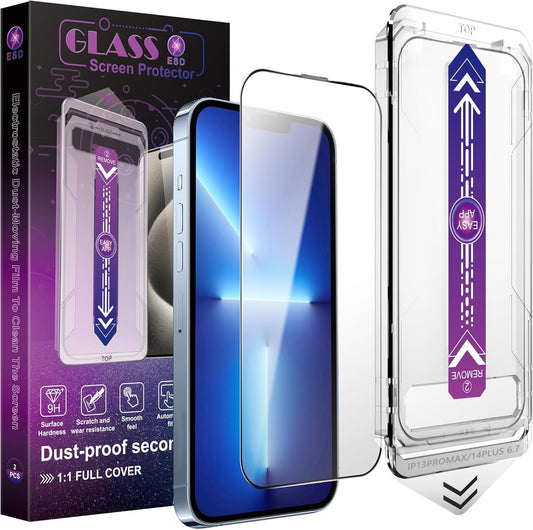 2 Pack Screen Protector for iPhone 13 Pro Max/iPhone 14 Plus, 9H Tempered Glass, Full Coverage, Anti-Fingerprint, Auto Dust-Elimination, No Bubble, Easy Installation