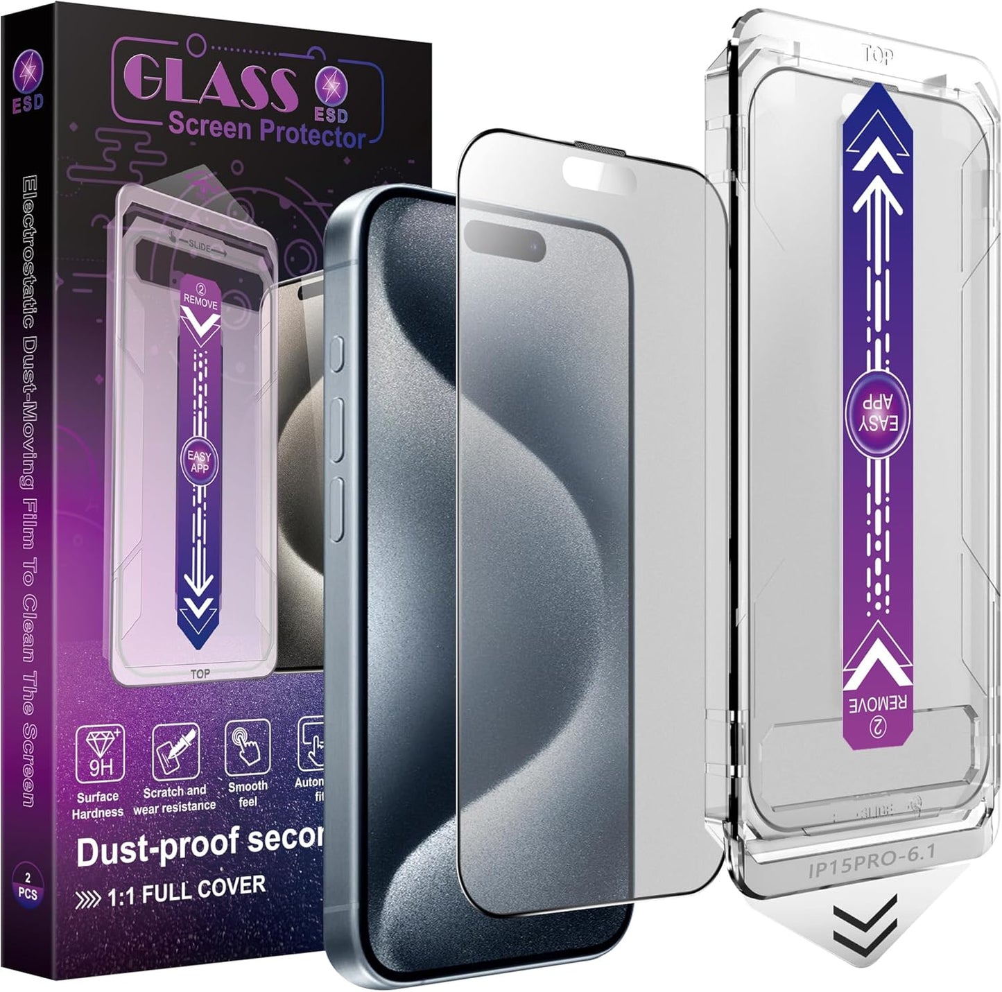 2 Pack Matte Screen Protector for iPhone 15 Pro, 9H Tempered Glass, Full Coverage, Anti-Fingerprint, Auto Dust-Elimination, No Bubble, Easy Installation