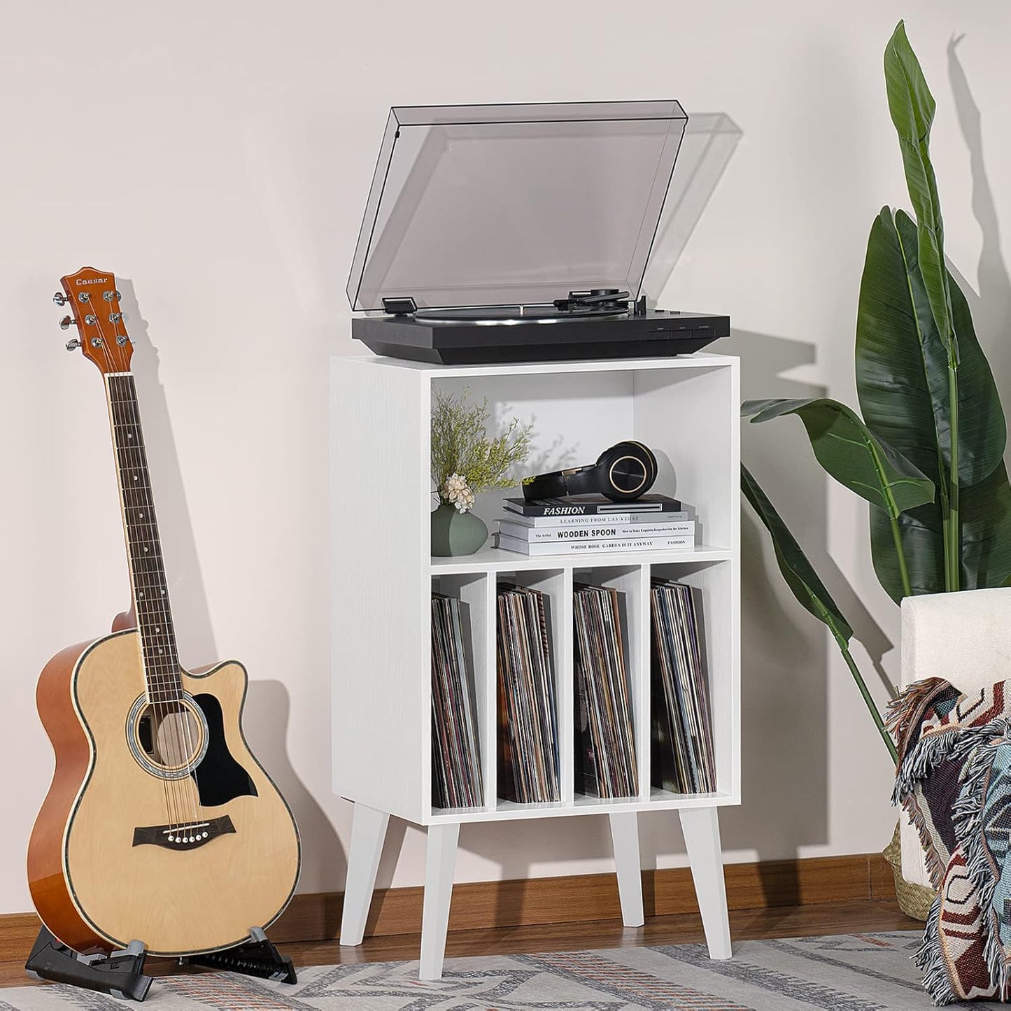 Lerliuo Record Player Stand, White Turntable Stand Holds up to 160 Albums, Mid-Century Vinyl Storage Cabinet Table with Solid Wood Legs, Record Player Holder Dispaly Shelf for Bedroom Living Room
