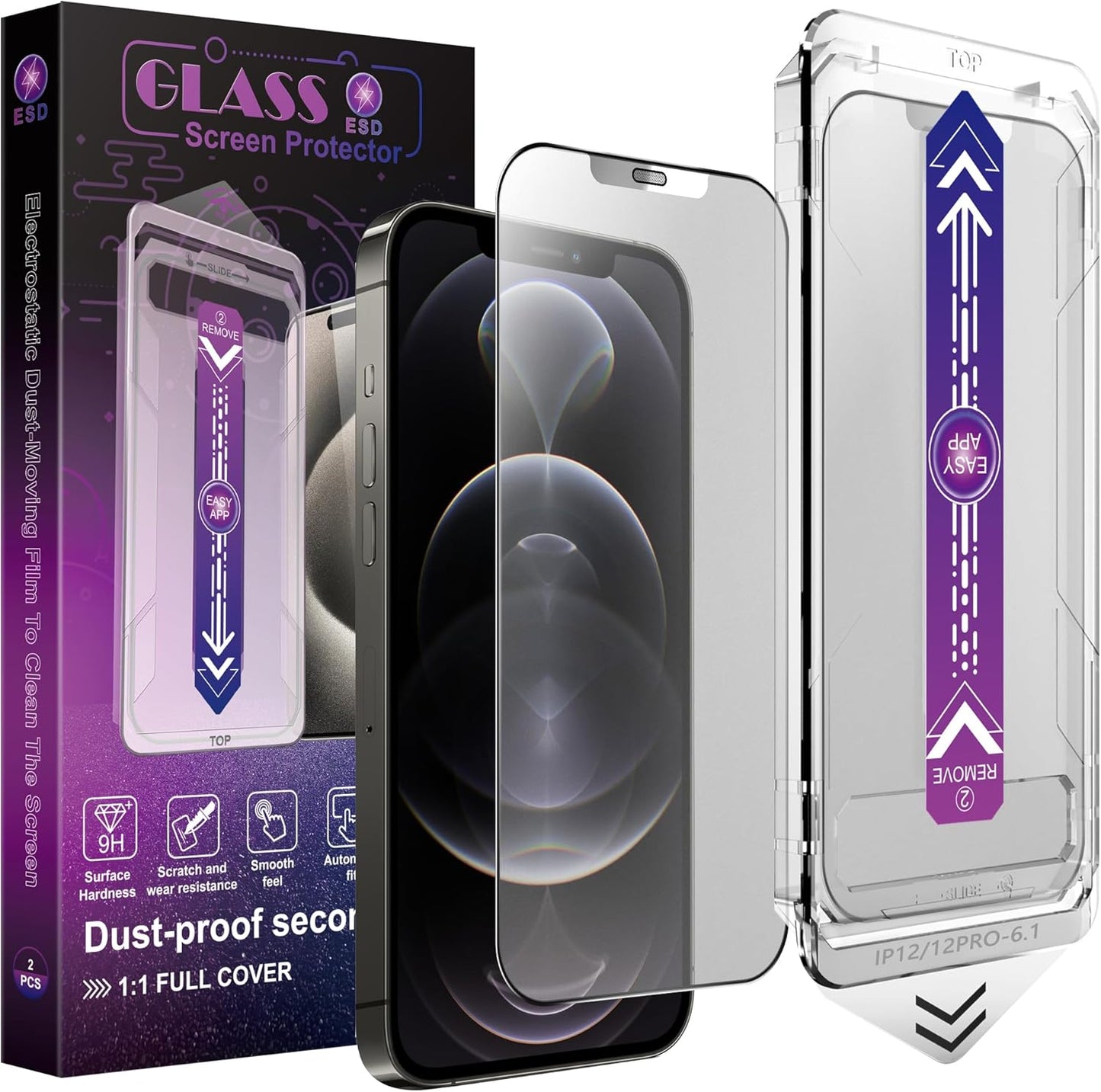 2 Pack Matte Screen Protector for iPhone 12 Pro/iPhone 12, 9H Tempered Glass, Full Coverage, Anti-Fingerprint, Auto Dust-Elimination, No Bubble, Easy Installation