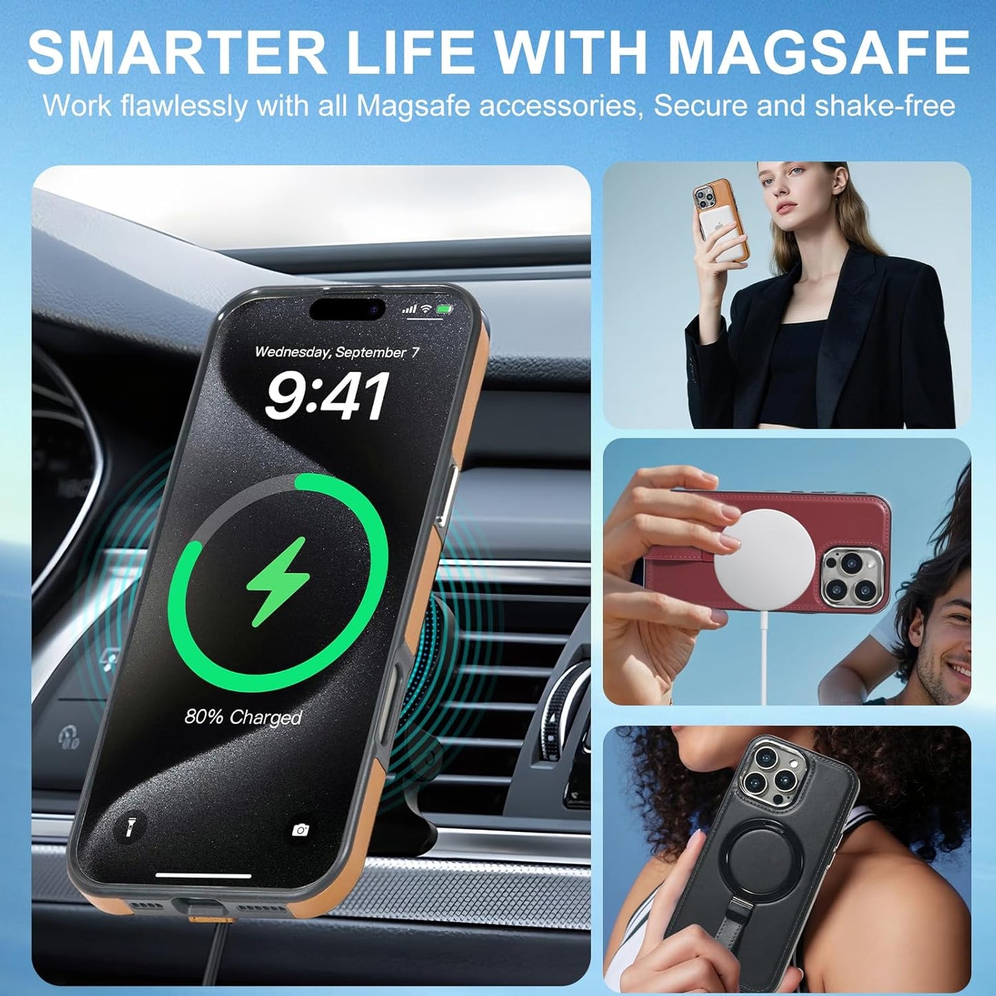 Leather Case, Suitable for iPhone 16 Case, Invisible Magnetic Design, Equipped with a Lanyard and Foldable Stand, Black, Yellow and red (Black, iPhone 16)