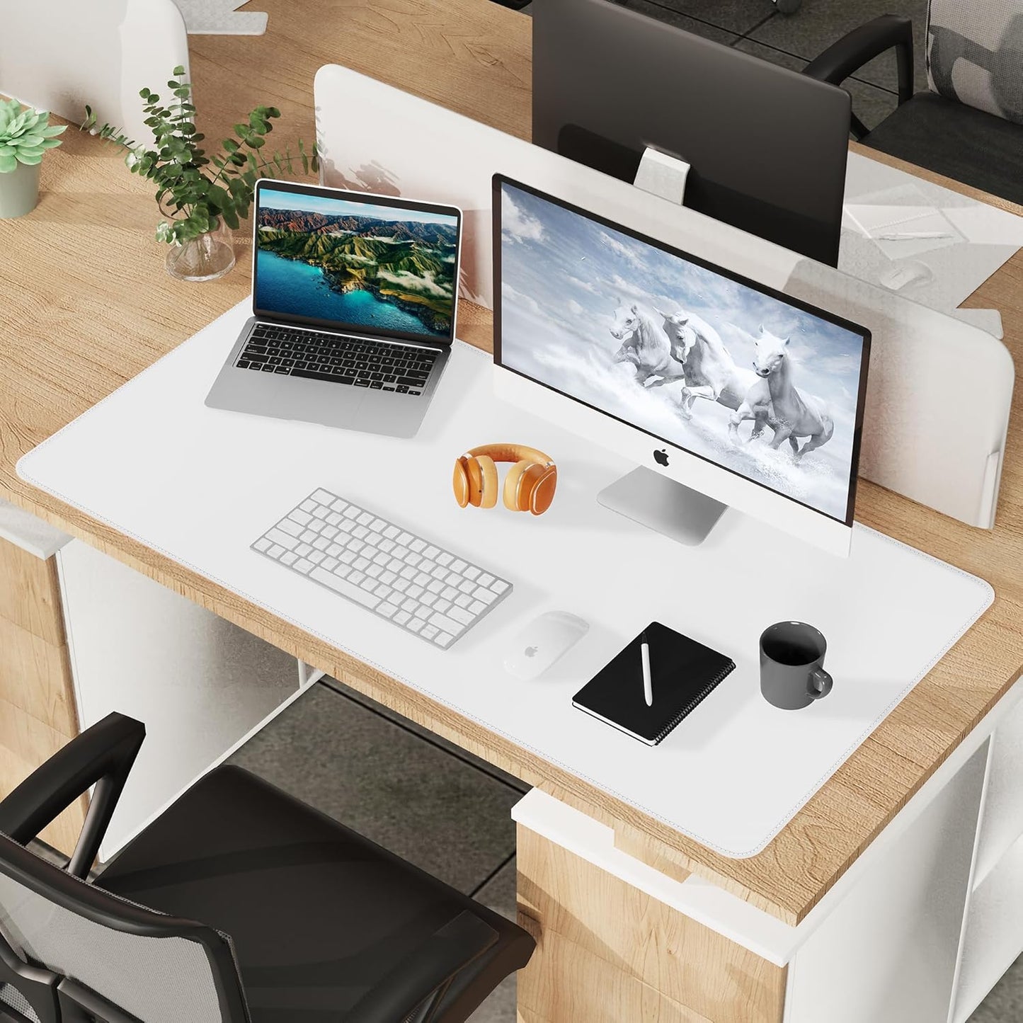 Leather Desk Protector, 47in*23.7in Large Mat with Natural Cork & PU Leather, Mouse Pad, Non-Slip Office Mat, Waterproof Writing Pad for Office and Home (Ivory White)