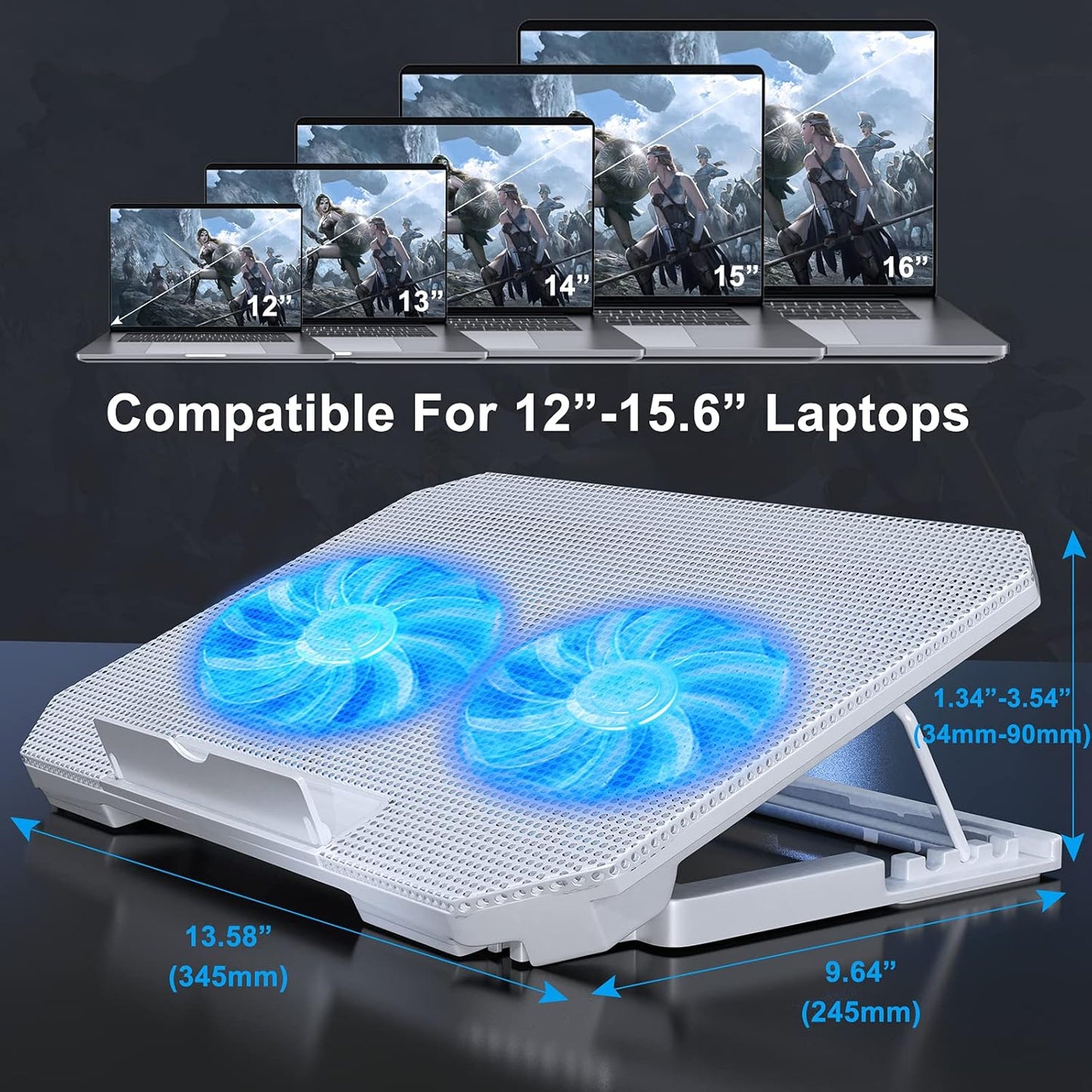 LIENS Laptop Cooling Pad with Adjustable Height Two 5.1 Inches Fan 2 USB Ports Suitable for 12"-15.6" Laptops（White）