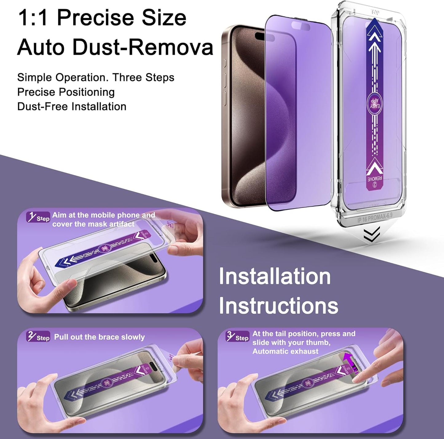 2 Pack Anti Blue Light Matte Screen Protector for iPhone 16 Pro Max, 9H Tempered Glass, Full Coverage, Anti-Fingerprint, Auto Dust-Elimination, No Bubble, Easy Installation