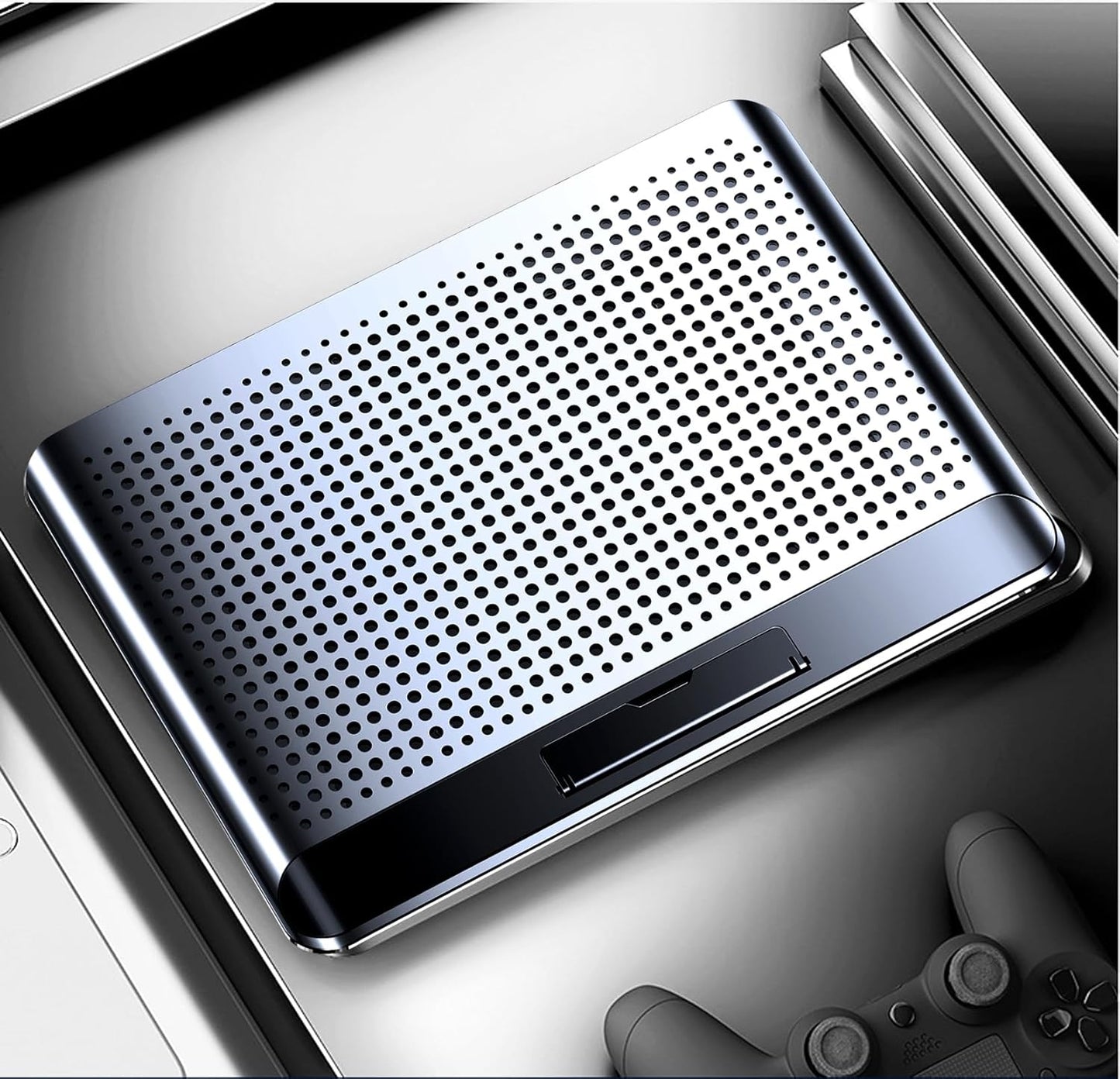 16inch Single Fan Lap Chill Mat - Aluminum Panel Laptop Cooling Pad, Heat Protection Laptop Cooler, Adjustable Foldable Long Stand, Fans Switch with dimmable-Speed, USB-A Connection Laptop Fan