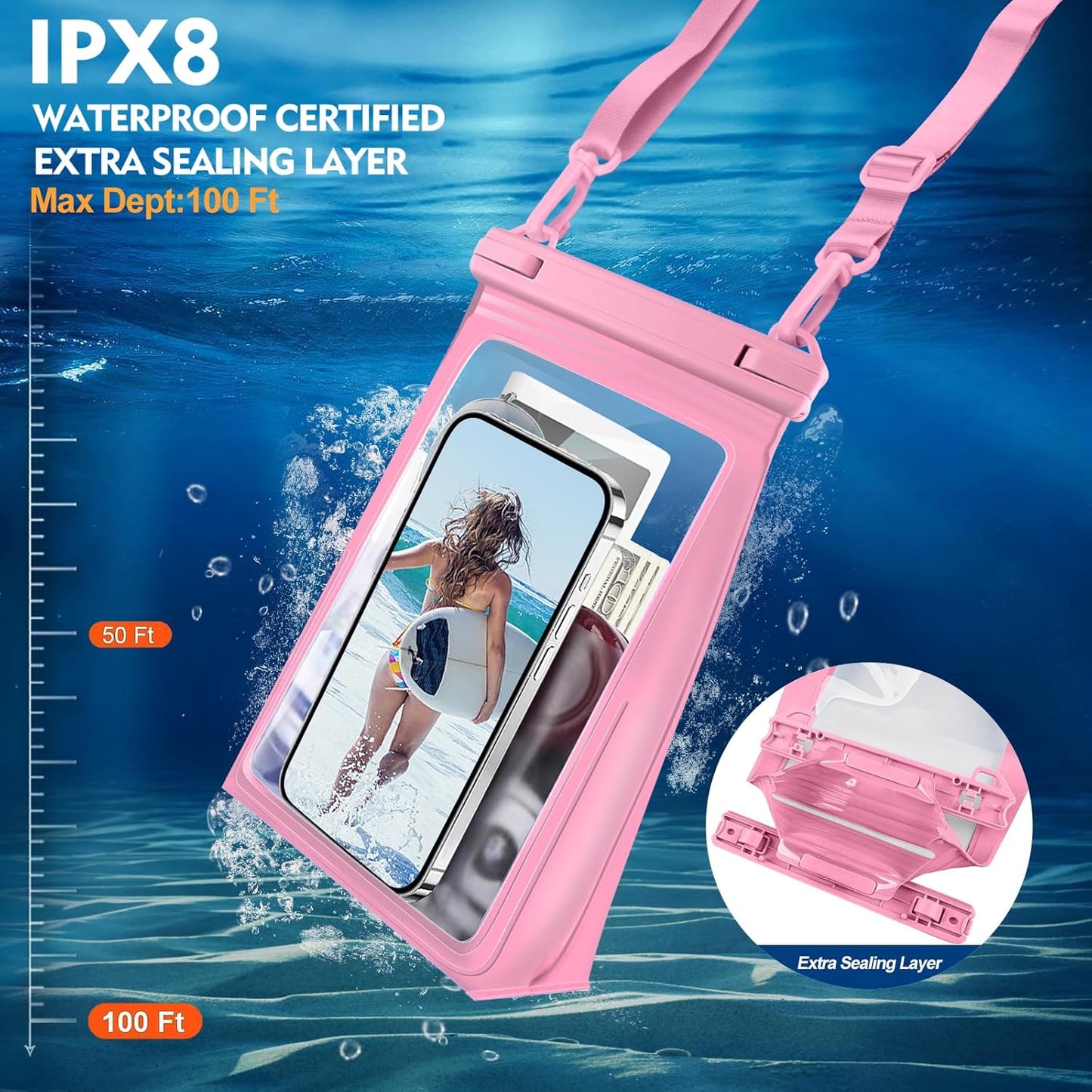 Large Waterproof Phone Pouch [with Sealing Strip], Cell Phone Dry Bag for iPhone 16 15 14 13 Pro Max Galaxy S25 S24 S23 All Devices, Floating Water Proof Bag for Beach Water Park Pink