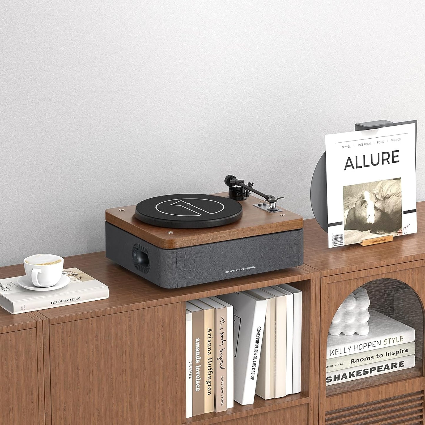 1 by ONE All-in-One Vinyl Record Player, HiFi Turntable Built-in Speakers, Phono Preamp, Magnetic Cartridge AT-3600L, Belt Drive 2 Speeds, Vintage Wood Design