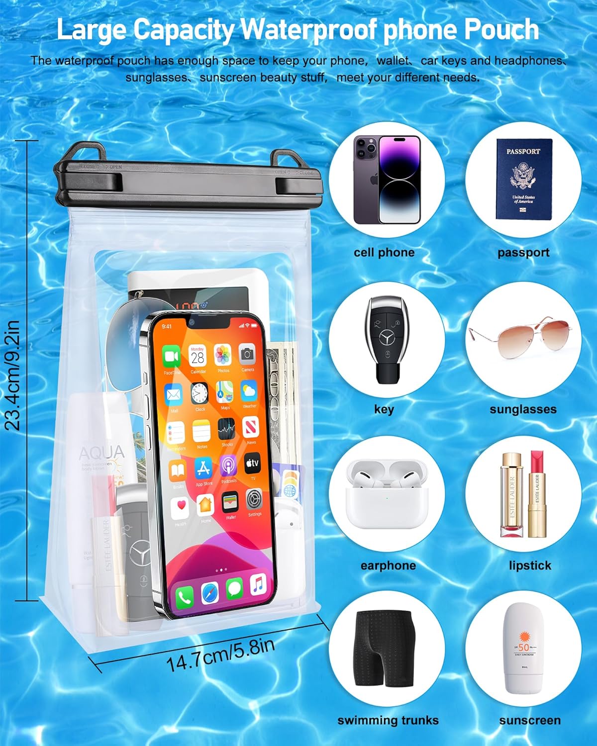 Large Waterproof Phone Pouch, Floating Dry Bag for iPhone 14 13 12 Pro Max Galaxy S22 S21 Large Capacity Waterproof Bag Sunscreen Glasses Storage Universal Dry Pouch for Swimming Rafting Boating