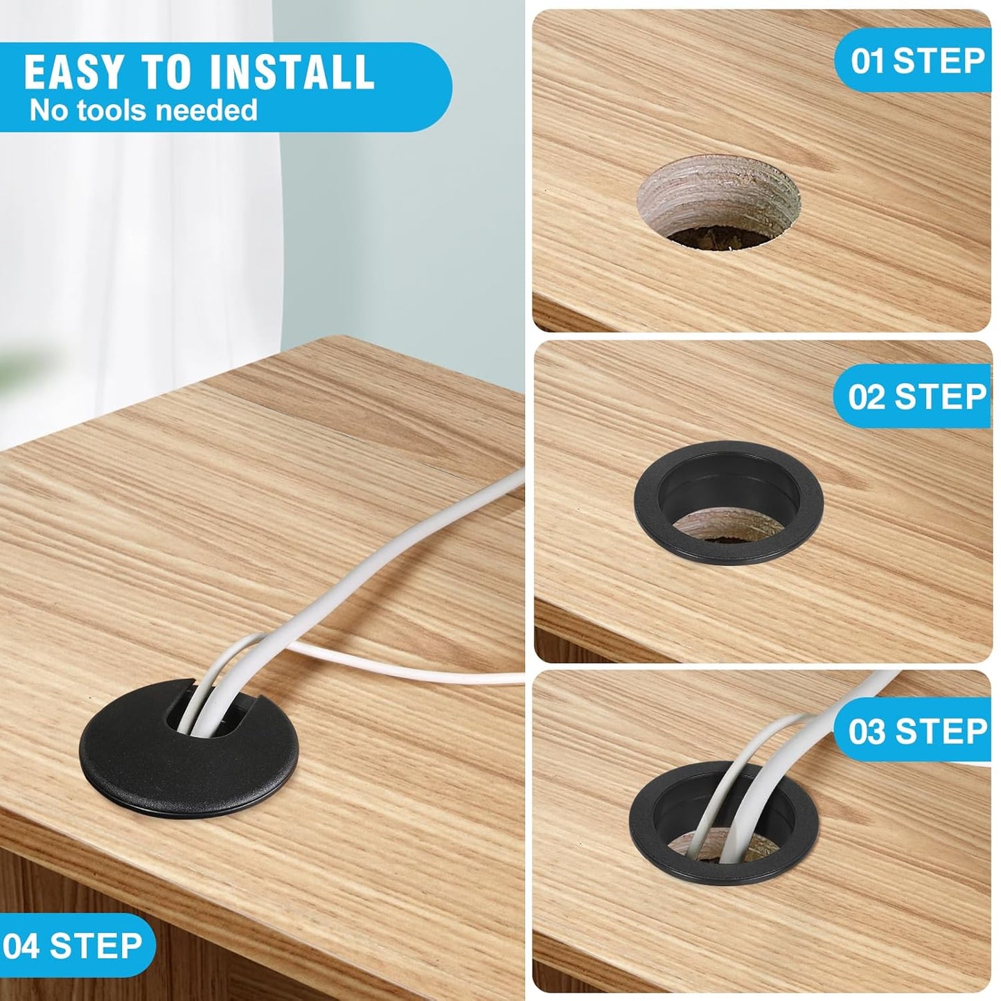 1-1/2" Black Desk Grommet, JTemgle Plastic Cable Hole Cover Computer Table Cord Wire Organizer Caps Desktop Cord Management for Home Office TV Stands Tabletops, 2 Pieces