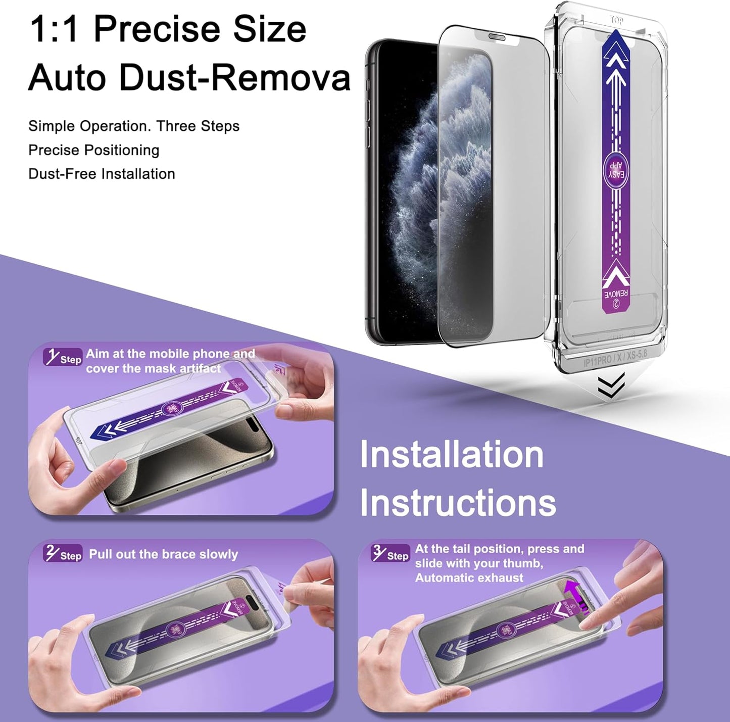 2 Pack Matte Screen Protector for iPhone X/iPhone XS/iPhone 11 Pro, 9H Tempered Glass, Full Coverage, Anti-Fingerprint, Auto Dust-Elimination, No Bubble, Easy Installation