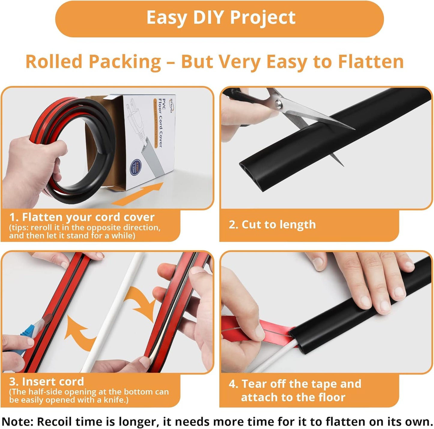 12ft Cord Cover Floor for Extension Cords, Self-Adhesive Floor Cable Cover to Protect Cables & Prevent Tripping, PVC Cord Hider Protector, Internal Wire Management Channel Diameter: 0.39", Brown