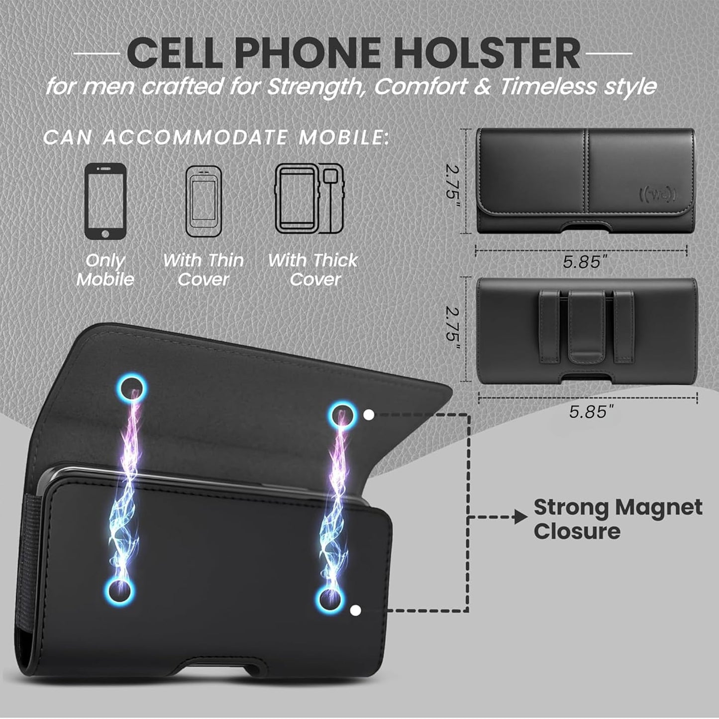 Leather Phone Holster for Men & Women, Horizontal Cell Phone Case, Fits iPhone 13/12 Mini, SE, Xs/X, 8, 6s - Belt Clip/Loop Carrying Phone Pouch Holder, Black Small
