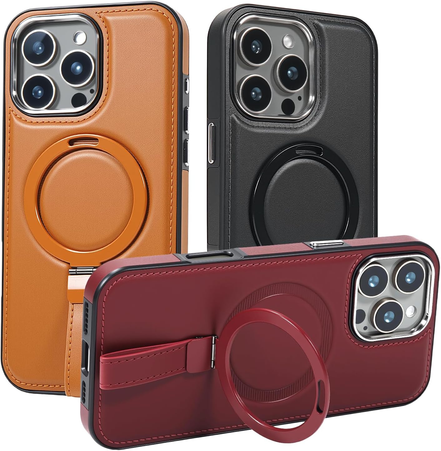 Leather Case, Suitable for iPhone 16 Case, Invisible Magnetic Design, Equipped with a Lanyard and Foldable Stand, Black, Yellow and red (Black, iPhone 16)