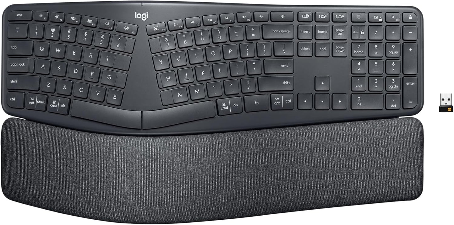 Logitech ERGO K860 Wireless Ergonomic Keyboard - Split Keyboard, Wrist Rest, Natural Typing, Stain-Resistant Fabric, Bluetooth and USB Connectivity, Compatible with Windows/Mac, Black
