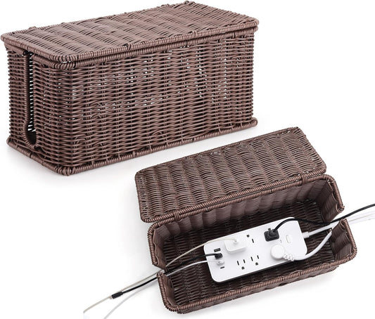 Large Cable Management Box, Handwoven Imitation Rattan Cord Organizer Cord Hider Box, Desk Cord Management Box to Hide Cords and Power Strips, Dark Brown
