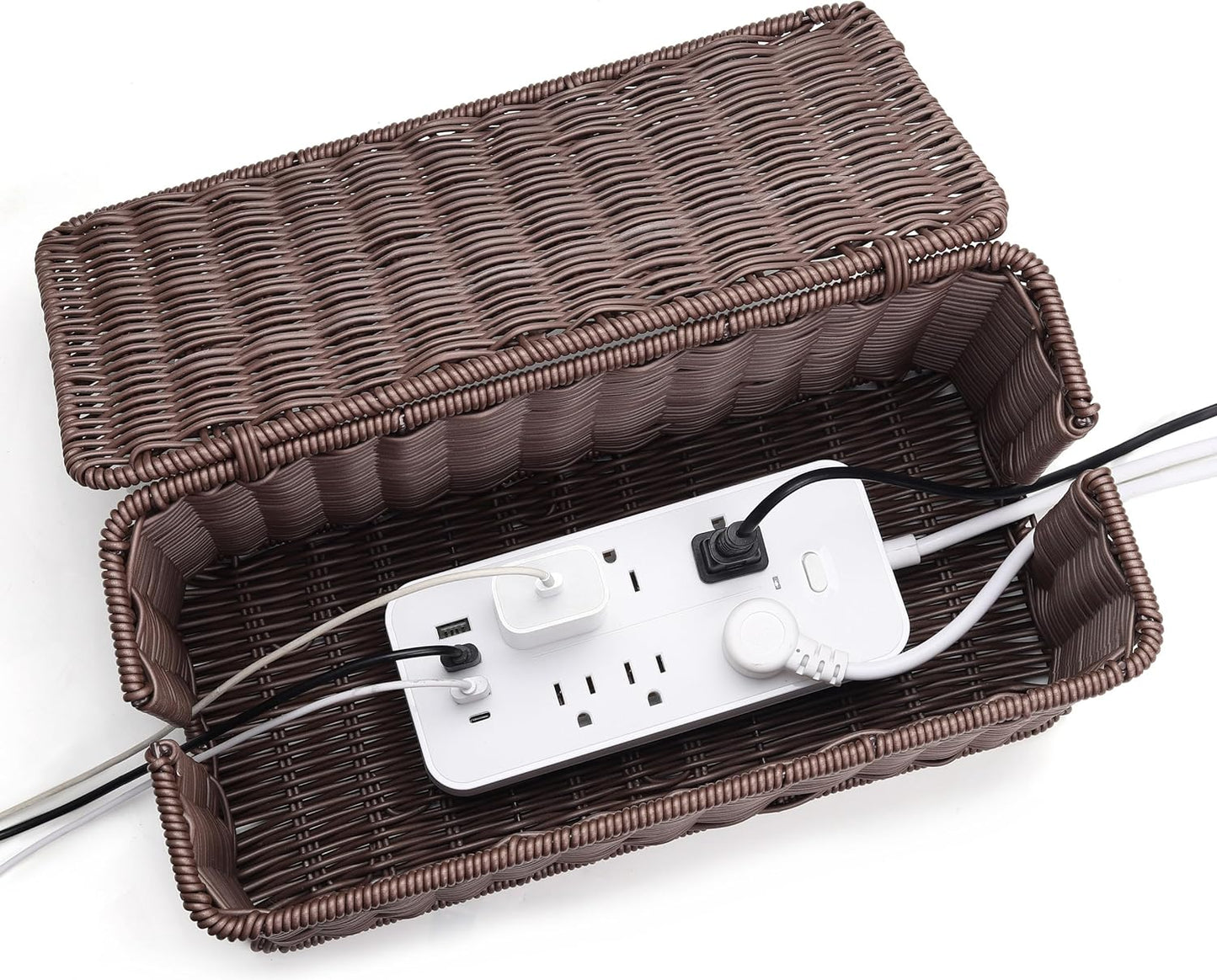Large Cable Management Box, Handwoven Imitation Rattan Cord Organizer Cord Hider Box, Desk Cord Management Box to Hide Cords and Power Strips, Dark Brown