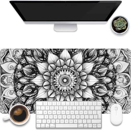 Large Gaming Mouse Pad for Desk, Black and White Mandala Desk Mat, Mandala Flower Desk Pad, 31.5"x15.7" Extended Big Computer Keyboard Mouse Pad with Non-Slip Base and Stitched Edge