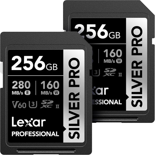 Lexar 256GB (2-PK) Professional SILVER PRO SD Card, UHS-II, C10, U3, V60, Full HD, 4K, Up To 280MB/s Read SDXC Memory Card, for Professional Photographer, Videographer, Enthusiast (LSDSIPR256G-B2NNU)