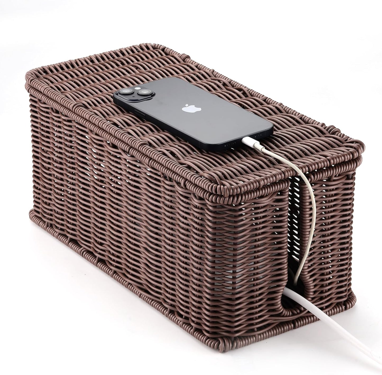 Large Cable Management Box, Handwoven Imitation Rattan Cord Organizer Cord Hider Box, Desk Cord Management Box to Hide Cords and Power Strips, Dark Brown
