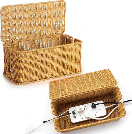 Large Cable Management Box, Handwoven Imitation Rattan Cord Organizer Cord Hider Box, Desk Cord Management Box to Hide Cords and Power Strips, 13.5" L x 6.2" W x 6" H, Natural